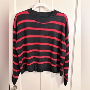 Dark Navy Blue and Red Striped Crew Neck Sweater